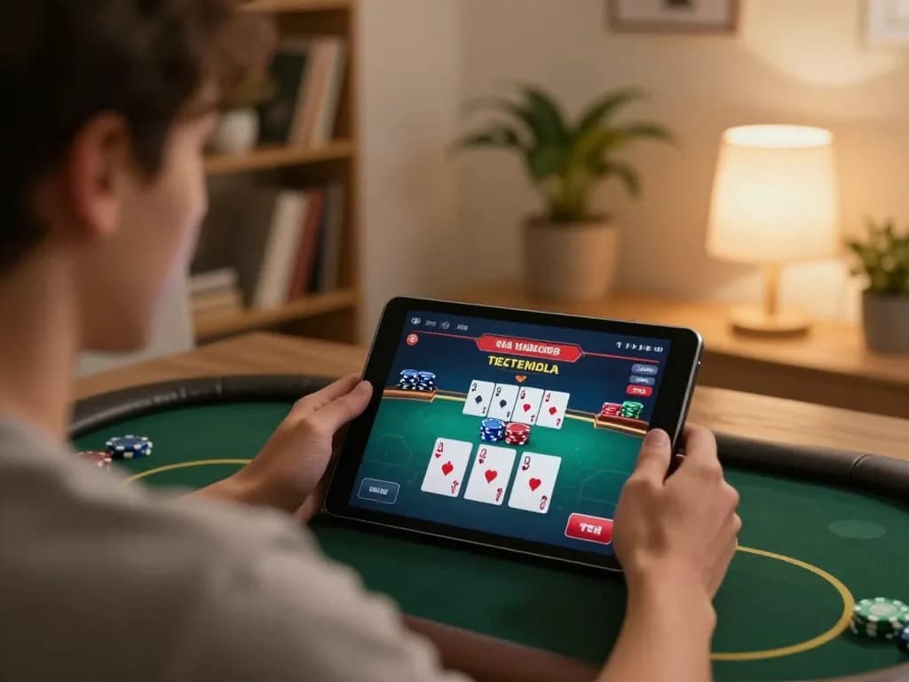 Kuwin player engaged in online poker game, showcasing responsible gaming atmosphere.