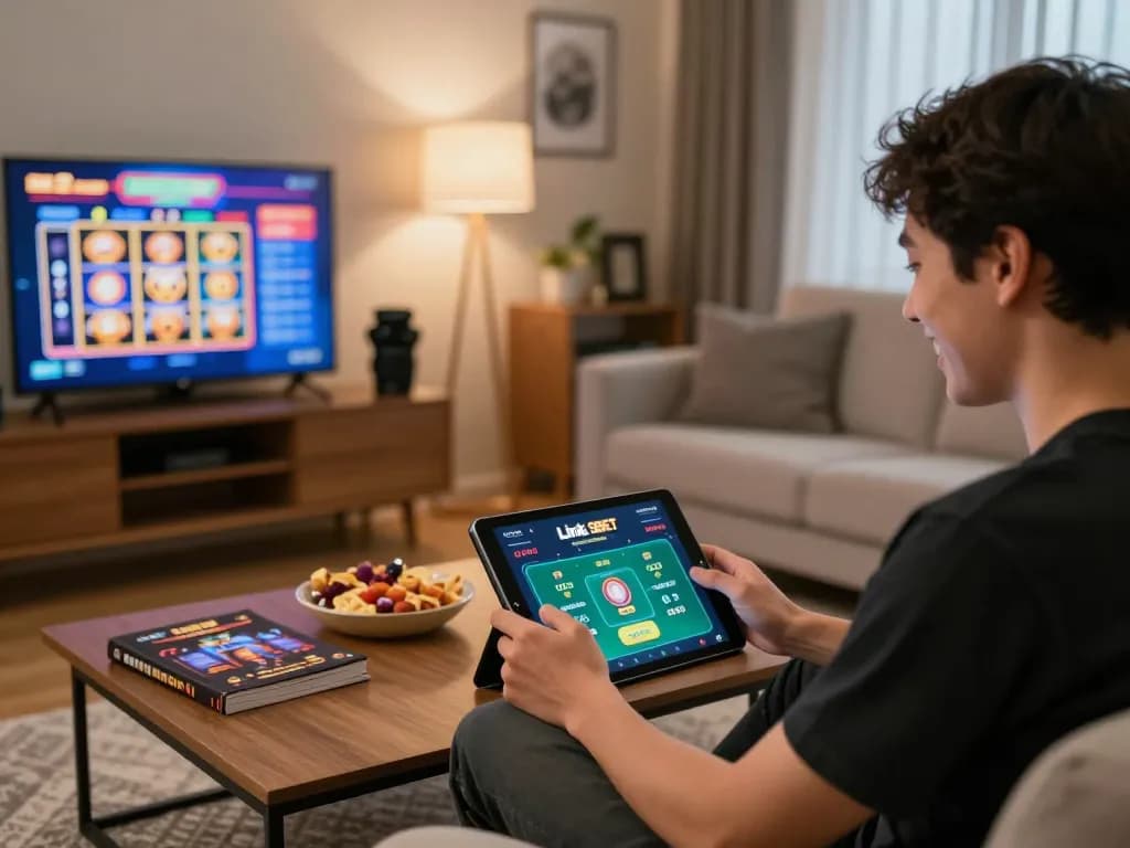 Engaging in online gambling on Link 9BET in a cozy home setting with snacks and strategy book