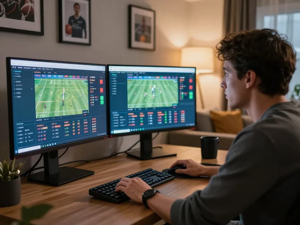 Engaging in strategic kèo nhà cái sports betting with multiple screens in an upscale home.