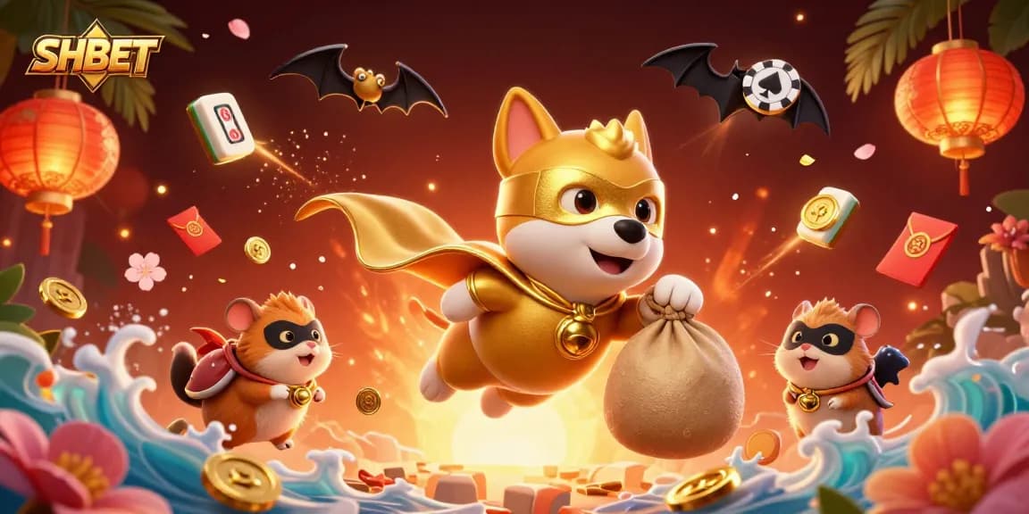 SHBET players celebrate winning with a dynamic casino-themed illustration featuring a superhero dog and lucky elements.