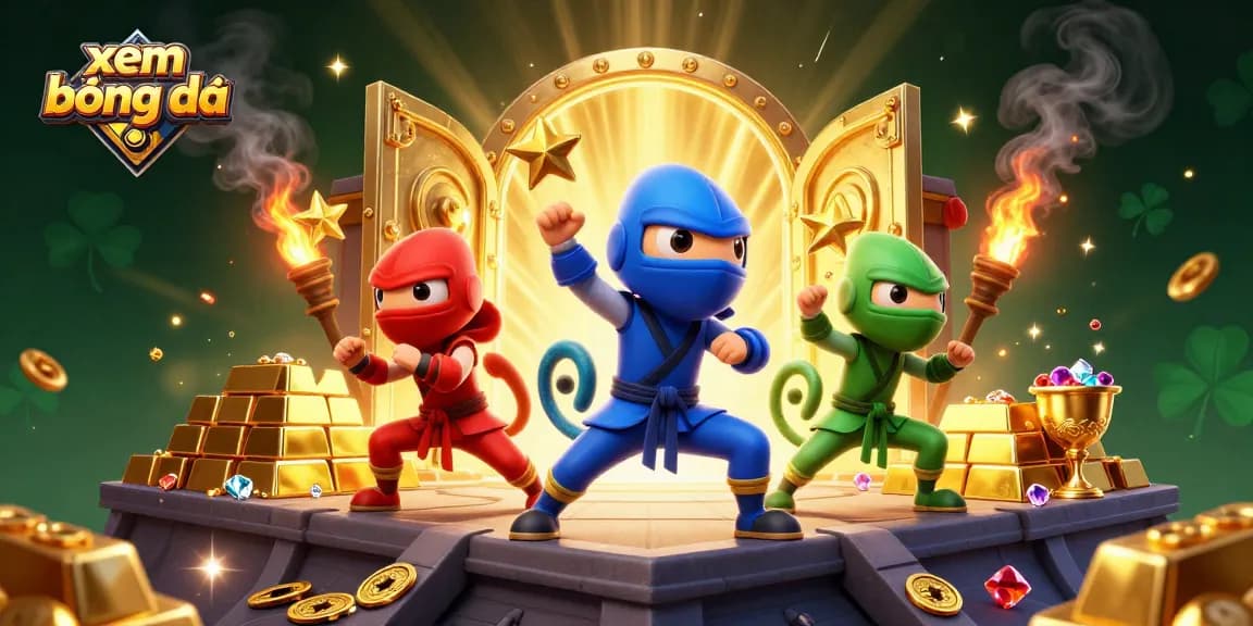 Xem bóng đá captures chameleon ninjas launching golden stars surrounded by treasures and casino elements.