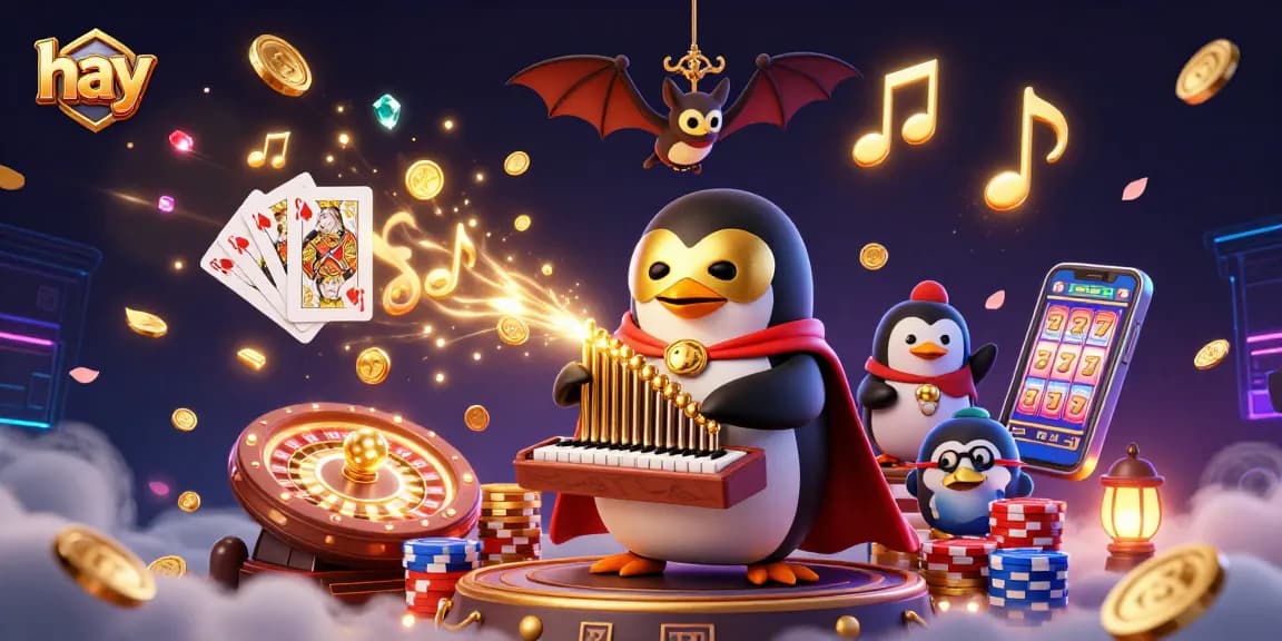 Engage with the exciting scene as the hay penguin leads a vibrant casino adventure with golden coins, cards, and chips.