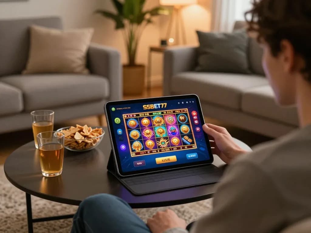 Player enjoying interactive online gaming on SSBET77 app in a cozy home setup.
