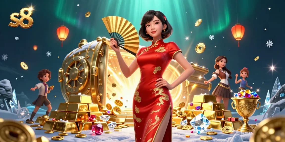 S8 online casino showcases vibrant gameplay with radiant Asian beauty amidst gold coins and treasures.