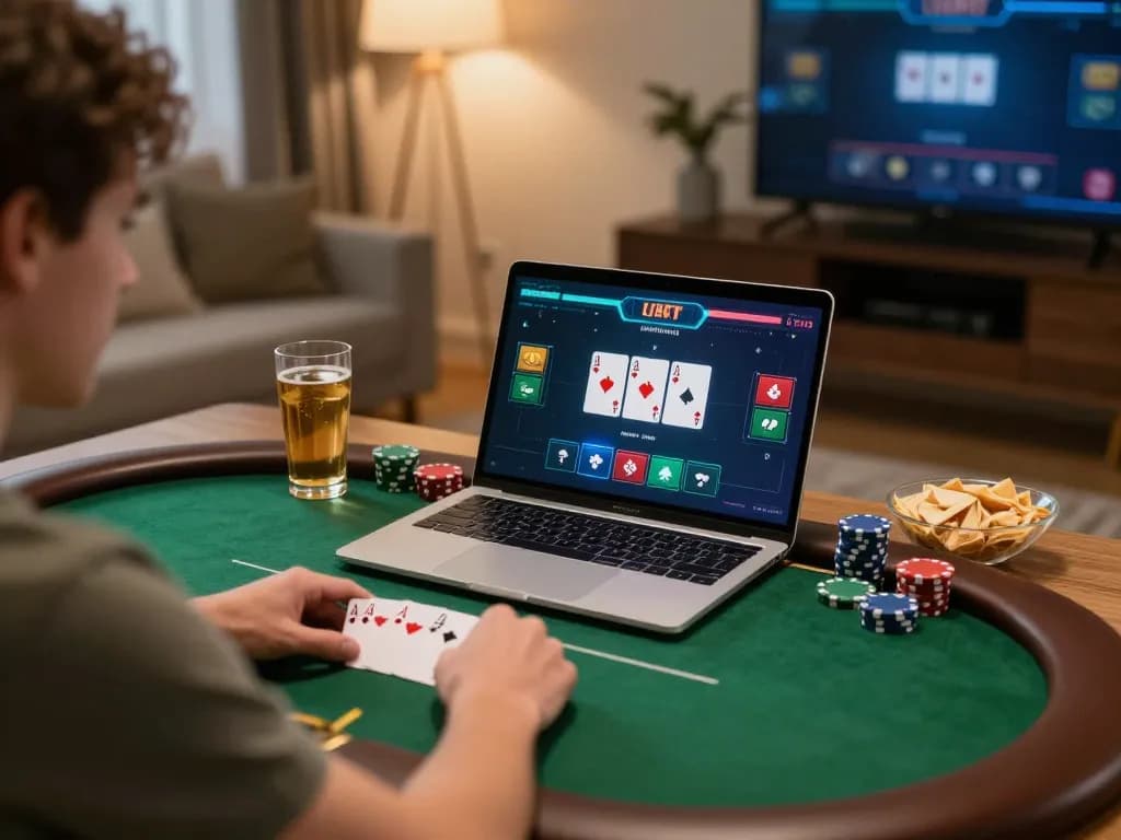 Player strategizing in online poker game with 9bets displayed on screen, cozy home setup