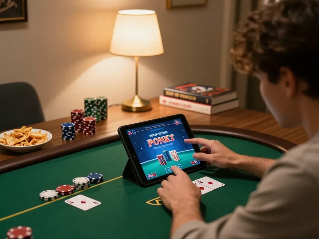 Engaging in MMOO poker gameplay on a tablet in a cozy home setting with strategy notes