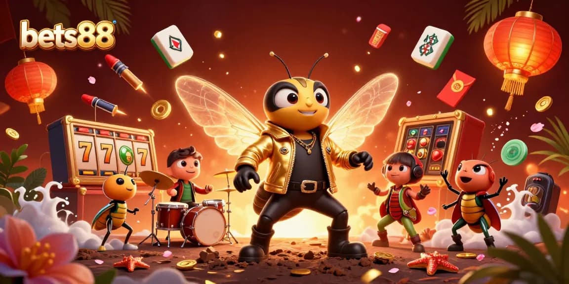 Bets88 captivates players with a dynamic scene of cartoon characters enjoying vibrant casino games and luck symbols.