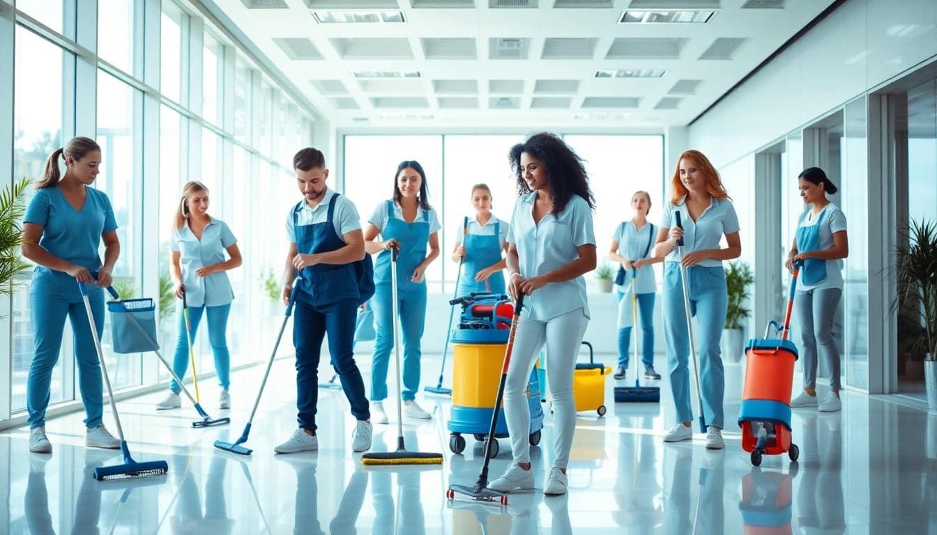 Priser på städning av professionellt rengöringsteam i ett modernt kontorsmiljö.