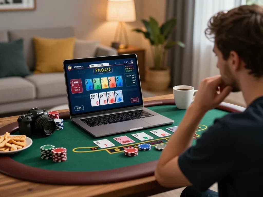Player enjoying an engaging online blackjack game at home with RED88 displayed on the screen, capturing strategic moment.