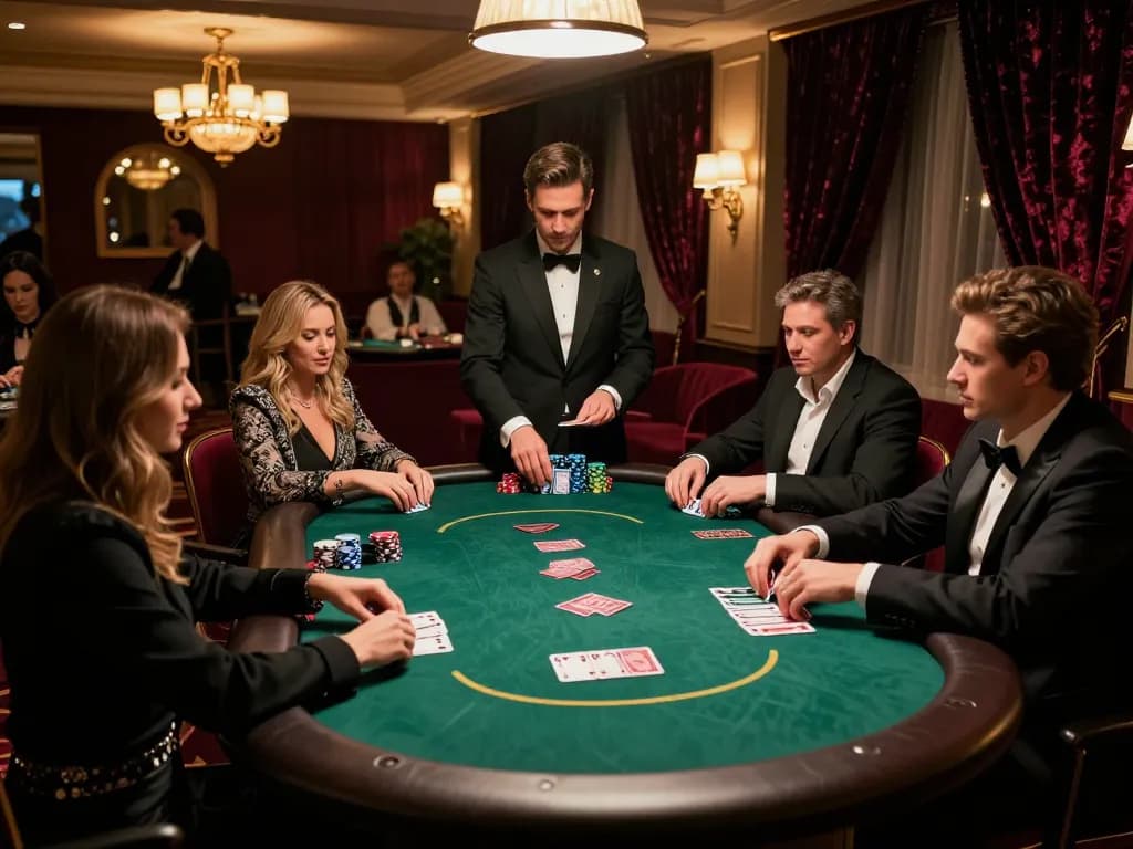 Players engaging in a strategic poker game at 23win.com casino, under warm ambient lighting.