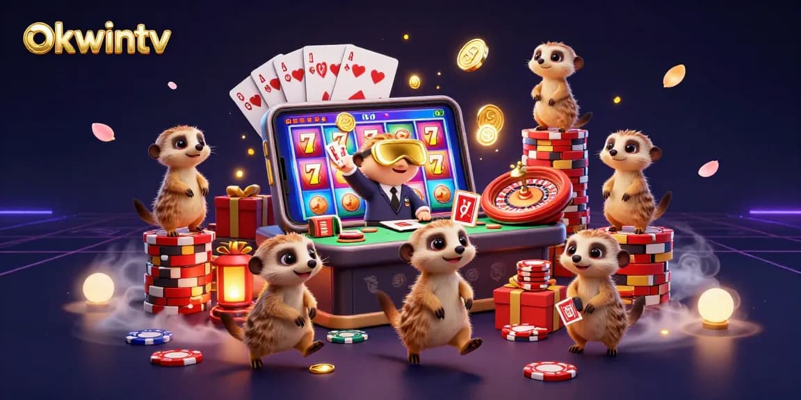 Engage with okwintv at an energetic casino scene with meerkats, slot games, and dynamic details.