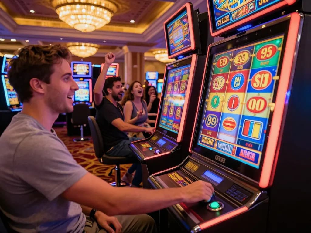 Nohu 90 players joyfully engaging with slot machines in a lively casino ambiance.