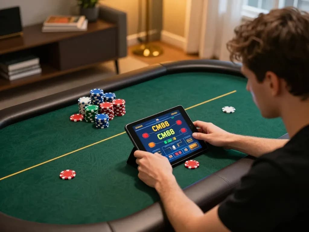 Player engaging in poker on CM88 gaming app with colorful chips in a cozy home setting.