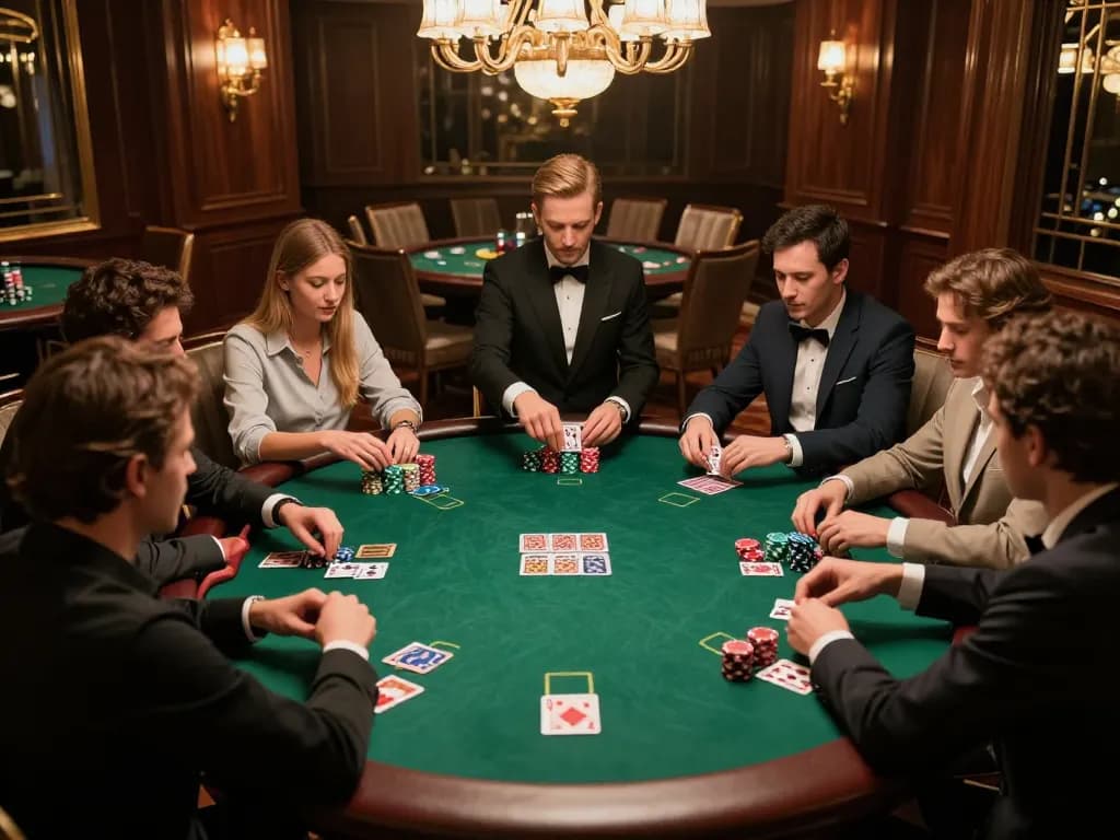 Players engaged in a high-stakes game of poker at 98win, showcasing strategy and skill in an upscale casino environment.