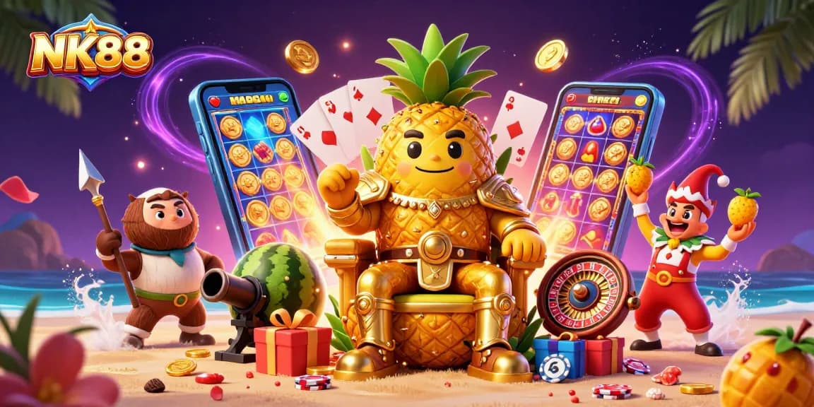 Play with NK88's engaging characters in this vibrant 3D casino scene filled with action and fun.