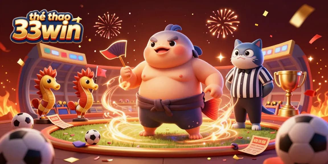 Engage in thrilling hành động thể thao 33win betting excitement with a vibrant, dynamic scene of cartoon characters and festive elements.