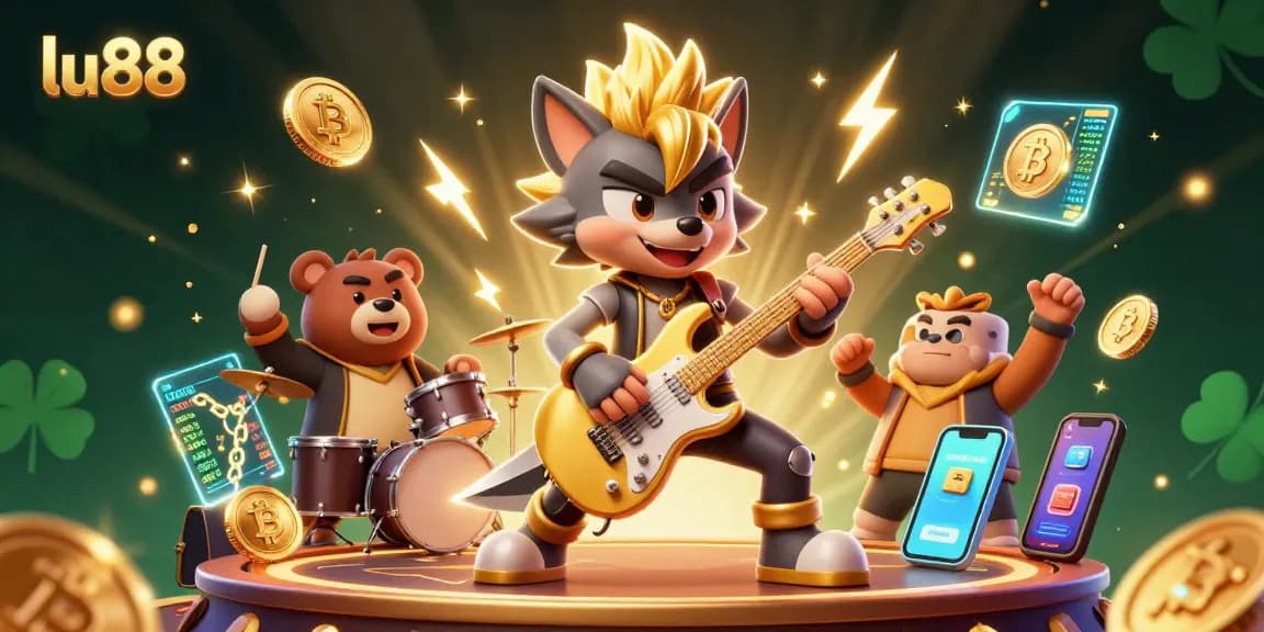 Experience thrilling slots at lu88 with a vibrant 3D illustration showcasing rock star characters and crypto elements.