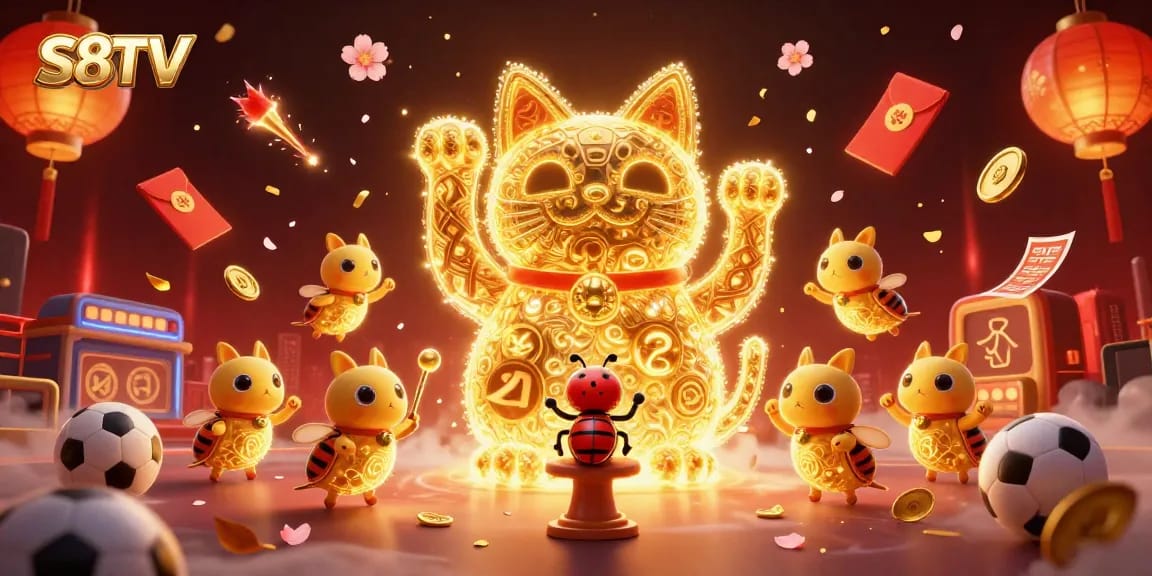 Experience exciting sports betting with S8TV's dynamic lucky cat, vibrant casino symbols, and vibrant celebration elements.