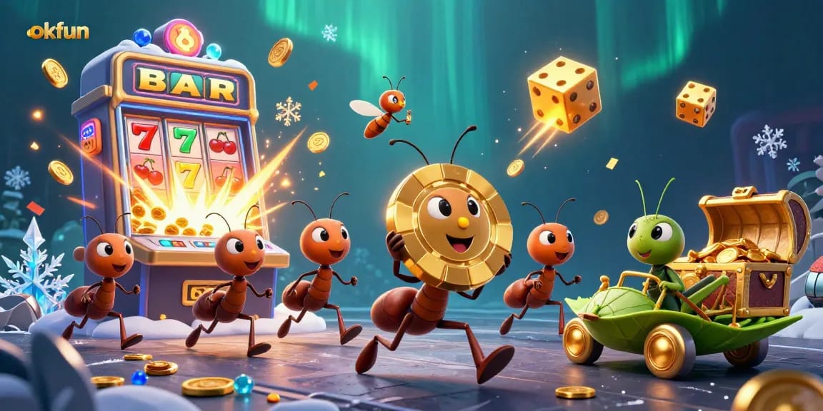 Experience exciting gameplay with okfun as ants embark on a thrilling heist amidst a vibrant casino scene.