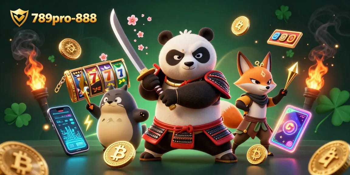Experience the thrill of 789pro-888 with dynamic samurai panda and ninja fox illustrations for casino action.