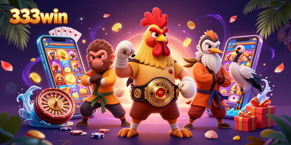 Engage with 333win's vibrant casino scene featuring unique characters amidst dynamic game elements, showcasing thrilling gameplay.