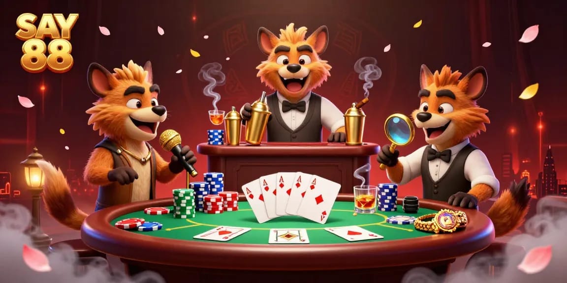 Engage with the lively comedy casino scene of SAY 88, featuring hyenas as bartenders, comedians, and bouncers in action.