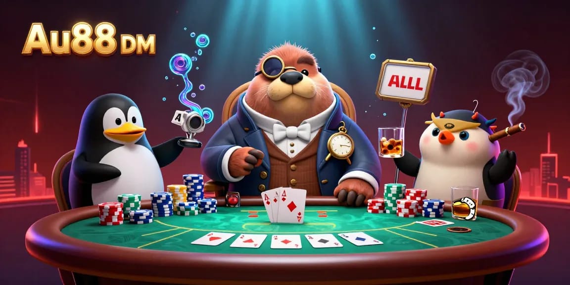 Engage with Au88 DM's underwater poker scene, where a walrus and penguin dealer create excitement.
