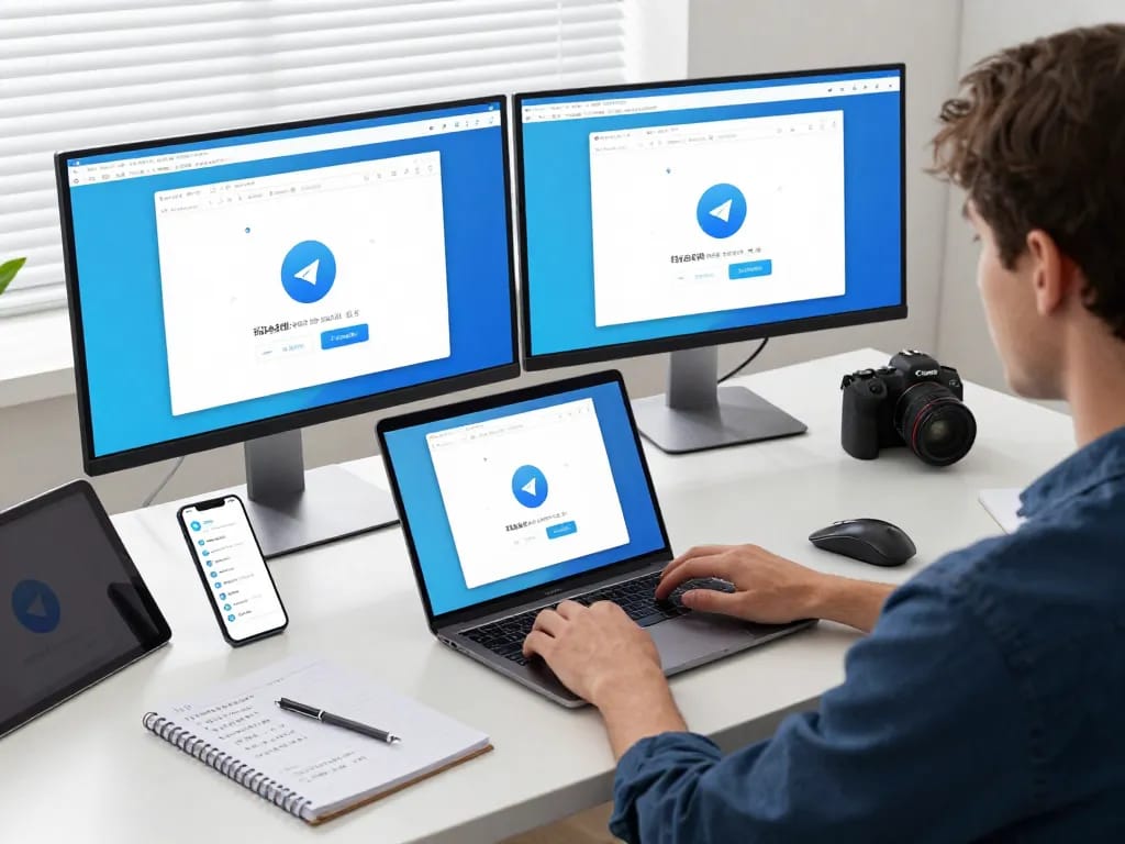 一名用户在现代工作空间中设置其笔记本电脑上的 Telegram 中文。