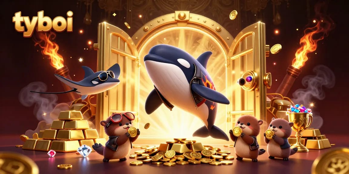 Engage in thrilling tyboi gaming with a vibrant scene featuring characters and rich treasures.