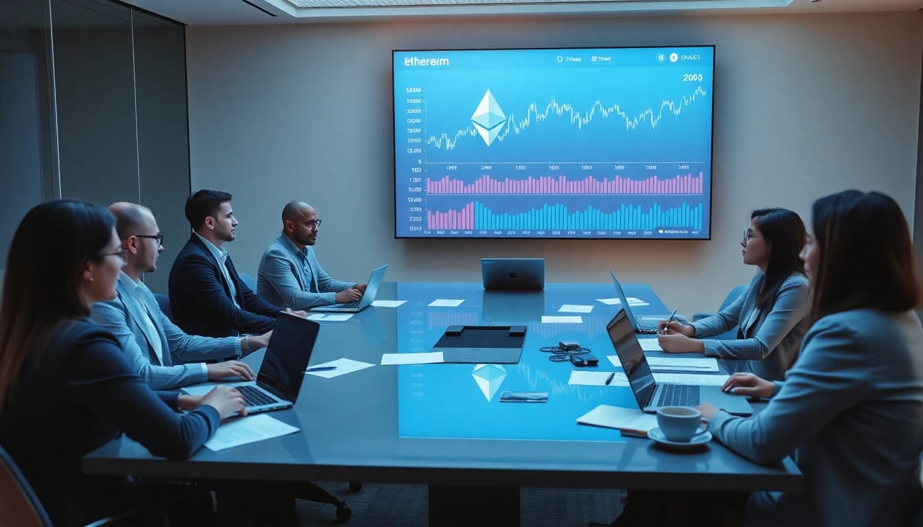 Business meeting discussing Ethereum Certifikat with financial charts and graphs in a modern office.