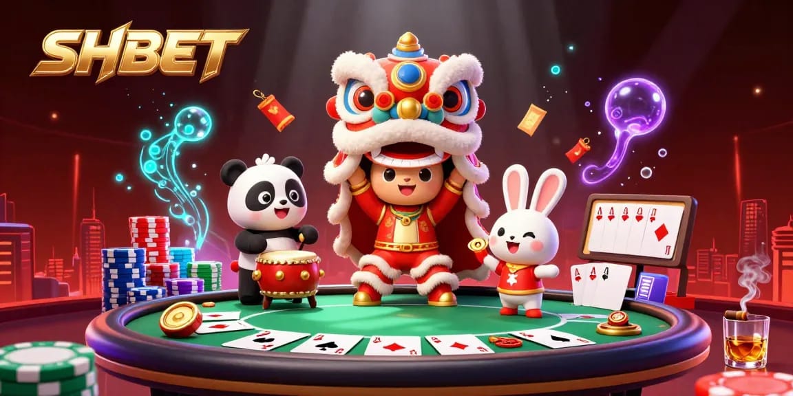 Experience the thrilling SHBET gaming world with vibrant characters and dynamic casino elements in this lively 3D illustration.