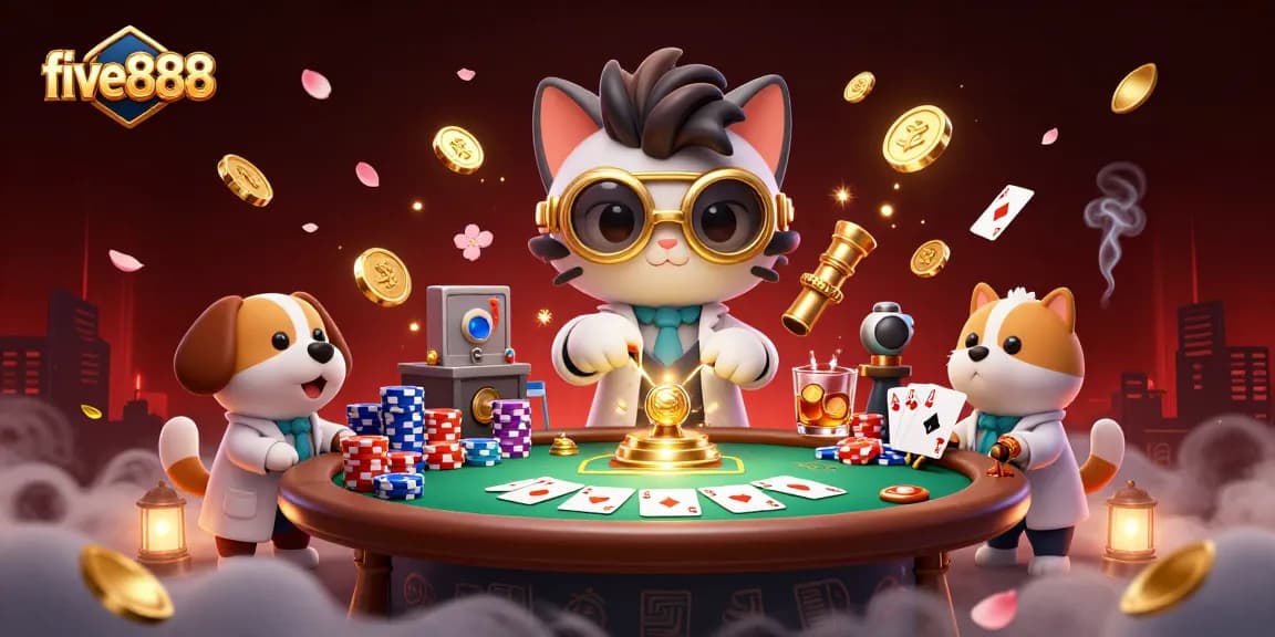 Experience thrilling poker action with five888's vibrant casino scene featuring cartoon characters and game elements.
