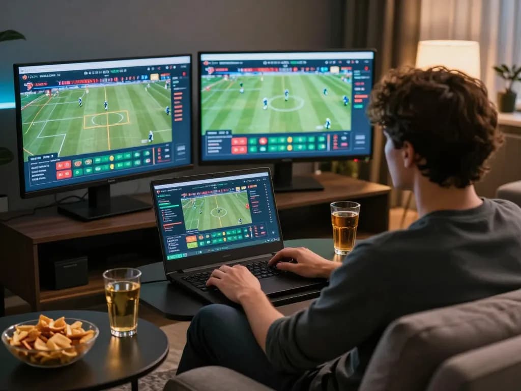 Player engaging in live sports betting action using yo88, surrounded by cozy at-home elements.
