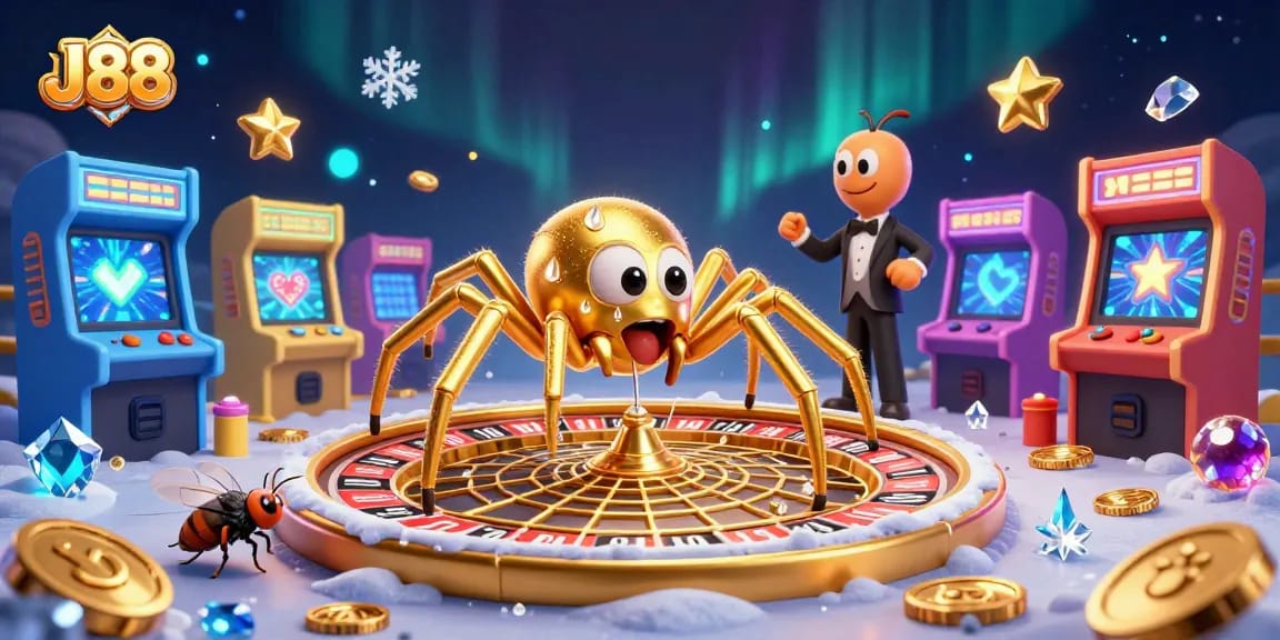 J88 features a lively casino scene with a golden spider and centipede croupier creating excitement.