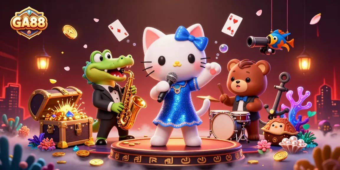 Experience the vibrant GA88 casino magic with a jazz-singer cat, saxophone croc, and drumming bear!