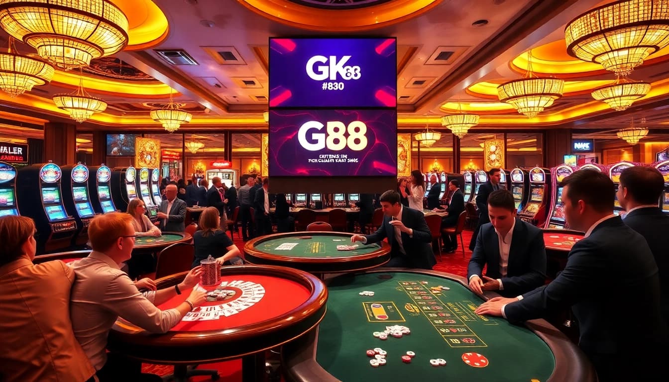 Players enjoying games at the GK 88 casino, showcasing a vibrant casino scene with tables and slot machines.