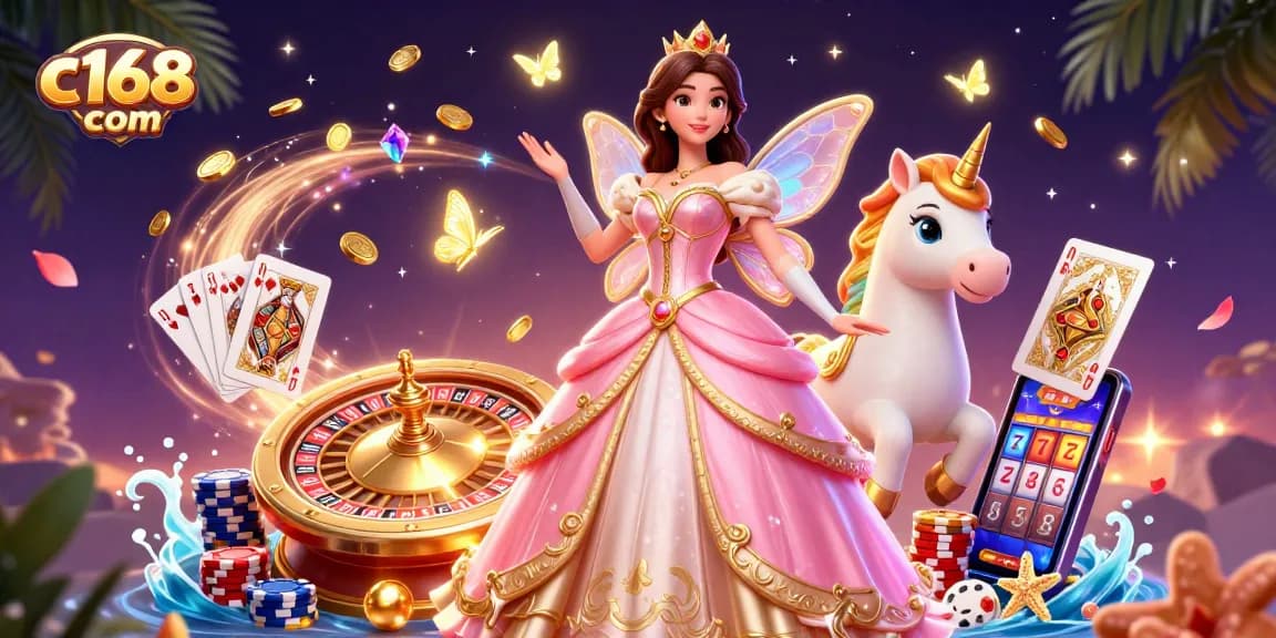 Win thrills at c168 com with a glamorous casino scene featuring vibrant character elements and dynamic game action.