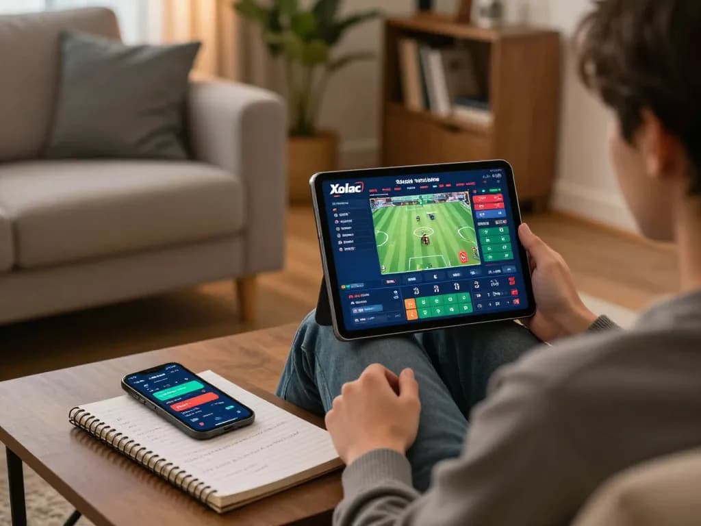 Engaging in online gambling with Xoilac trực tuyến streaming on a tablet in a cozy living room setting.