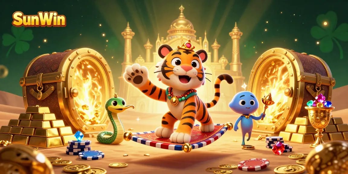 Engage in thrilling gameplay at SunWin, featuring a vibrant 3D illustration of a sultan on a poker chip flying carpet.