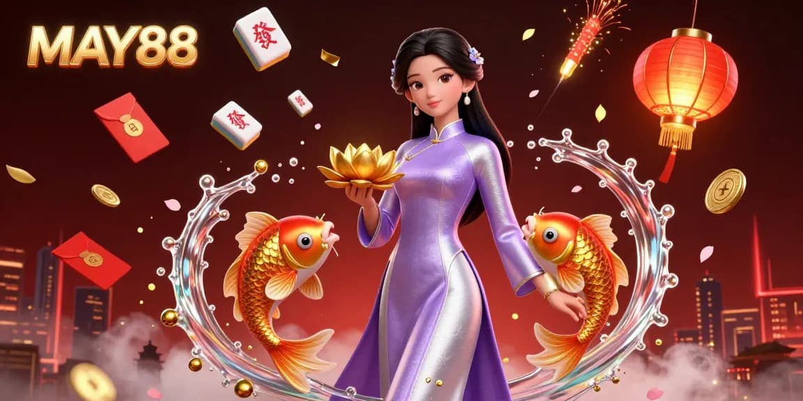 MAY88 showcases vibrant digital casino art with a beautiful Asian woman and koi fish elements.