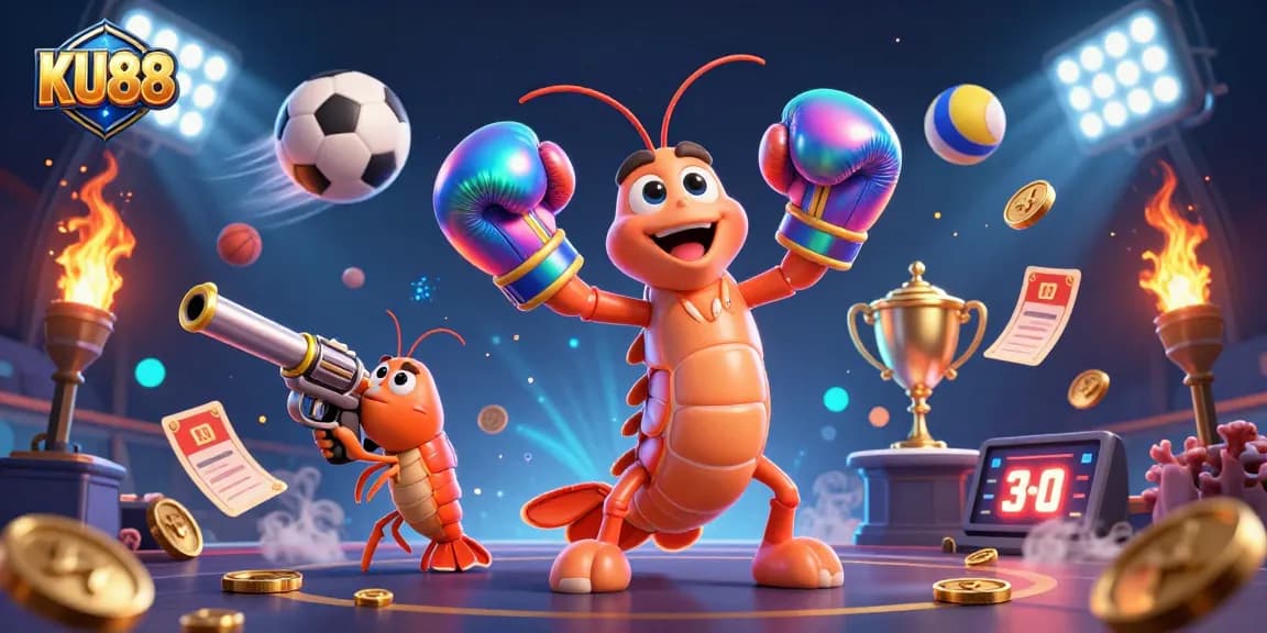 Experience the thrilling action of KU88 with vibrant characters and dynamic sports elements in this epic gambling illustration.