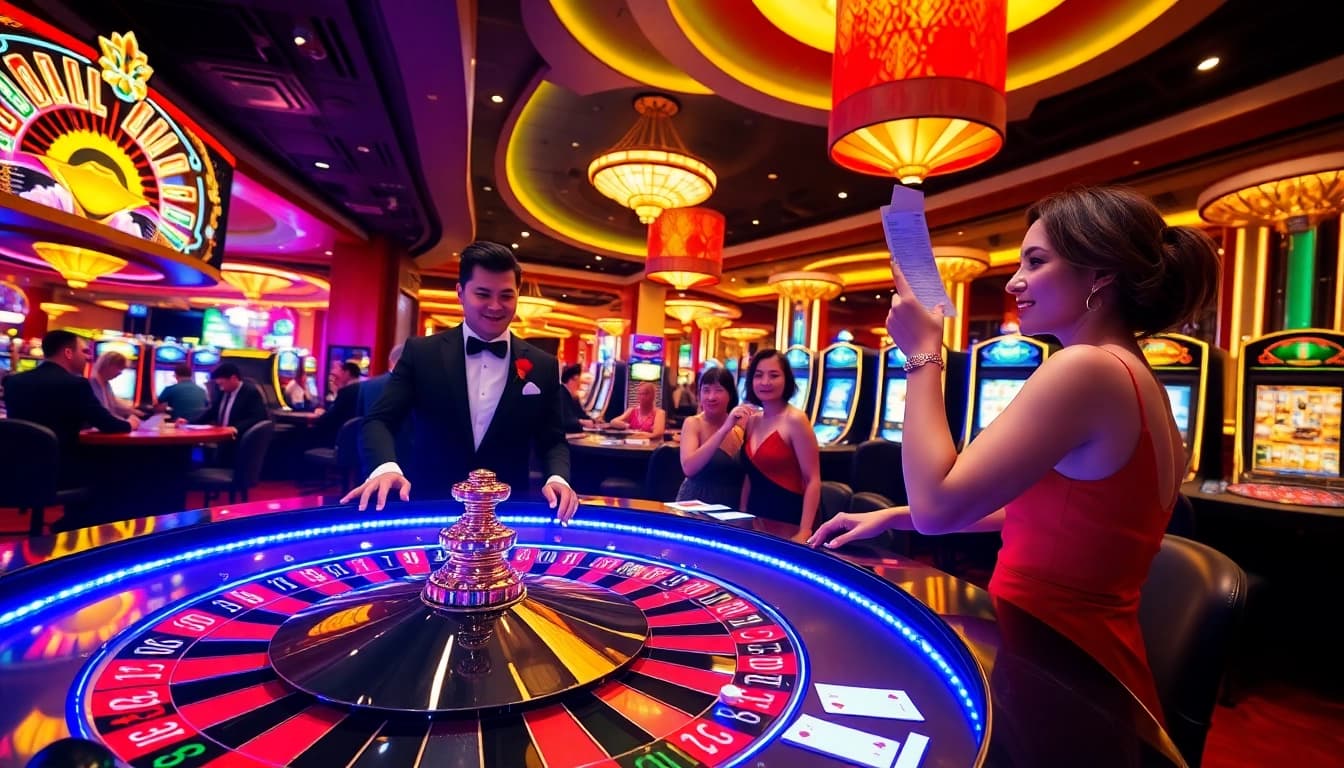 A captivating casino scene featuring high-stakes gambling with C 168, showcasing a luxury roulette table, elegant players, and vibrant chips.