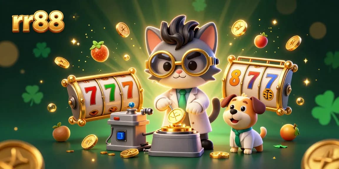 Win big with rr88 at this vibrant casino scene showcasing exciting slot machines and playful characters.
