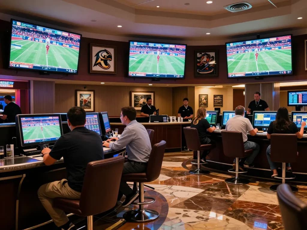 Engaged sports bettors at nhacaiuytin44 sports betting counter with dynamic screens.