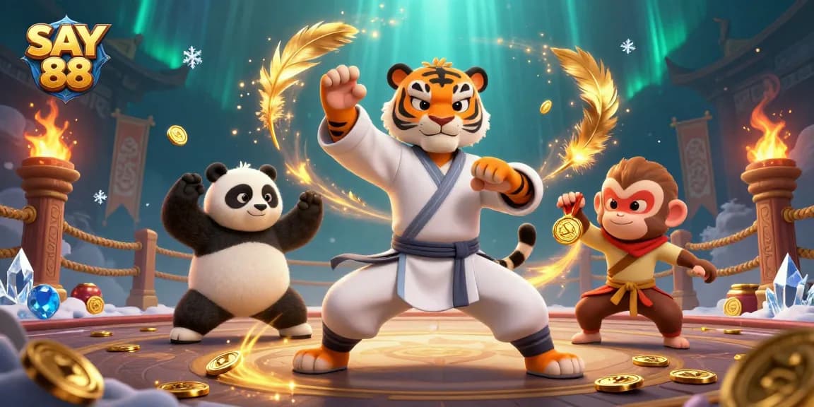 SAY 88 showcases a dynamic 3D scene with kung fu characters and casino elements, emphasizing excitement.