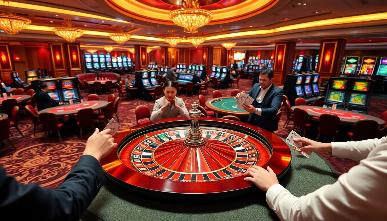 Engage in a thrilling gg88 gaming experience at an opulent casino with vibrant tables and slot machines.