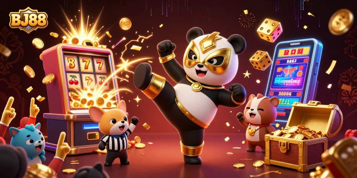 Join the excitement at BJ88 with a thrilling 3D illustration of a cartoon panda wrestler and a lively casino scene.