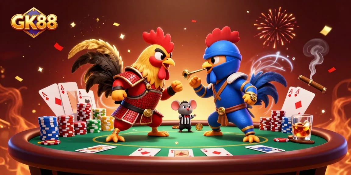 Experience thrilling GK88 action with epic roosters in a dramatic gambling scene, surrounded by poker elements.