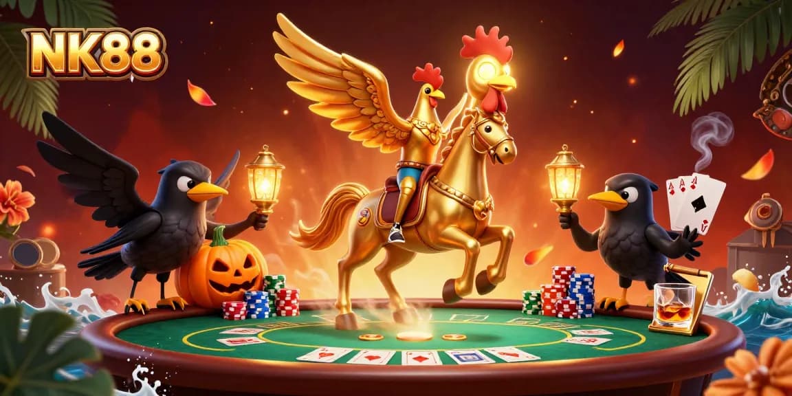 Experience excitement at NK88 with a golden rooster and magical ambiance amidst vibrant casino elements.