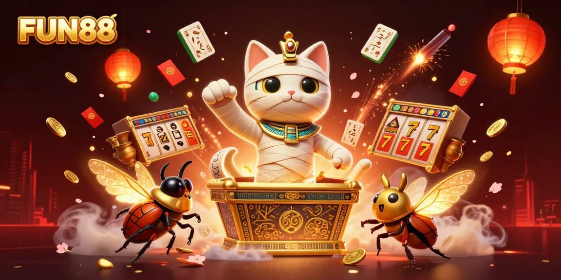 Experience thrilling FUN88 adventure with a mummy cat and golden treasures in a vibrant casino.